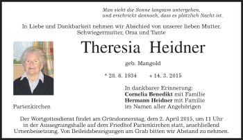 Todesanzeige von Theresia  Heidner von merkurtz
