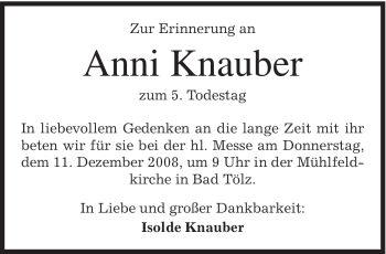 Todesanzeige von Anni Knauber von MERKUR & TZ