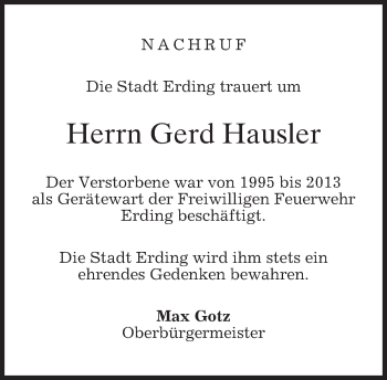 Todesanzeige von Gerd Hausler von merkurtz