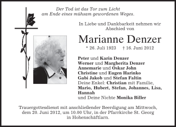 Todesanzeige von Marianne Denzer von MERKUR & TZ