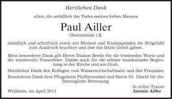 Todesanzeige von Paul Ailler von MERKUR & TZ