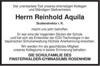 Todesanzeige von Reinhold Aquila von MERKUR & TZ