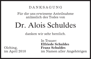Todesanzeige von Alois Schuldes von MERKUR & TZ