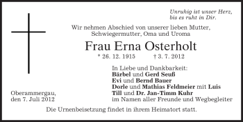 Todesanzeige von Erna Osterholt von MERKUR & TZ