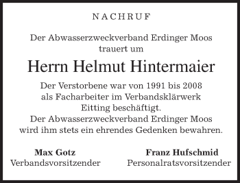 Todesanzeige von Helmut Hintermaier von merkurtz