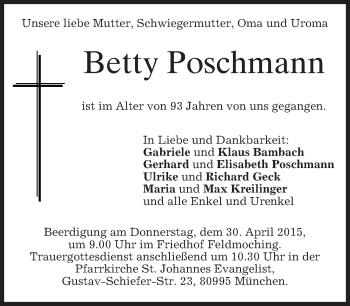 Todesanzeige von Betty Poschmann von merkurtz