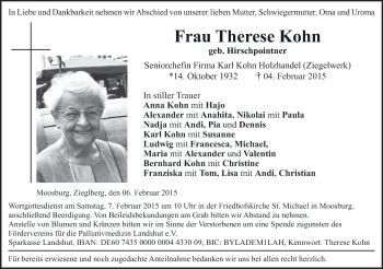 Todesanzeige von Therese Kohn von merkurtz