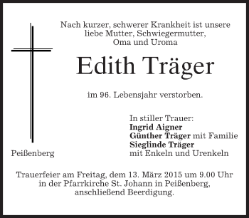 Todesanzeige von Edith Träger von merkurtz