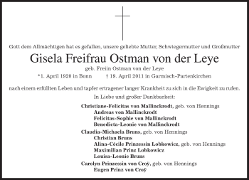 Todesanzeige von Gisela Ostman von der Leye von MERKUR & TZ