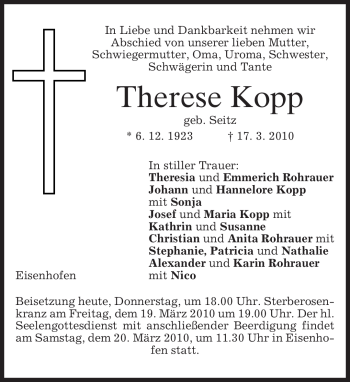 Todesanzeige von Therese Kopp von MERKUR & TZ