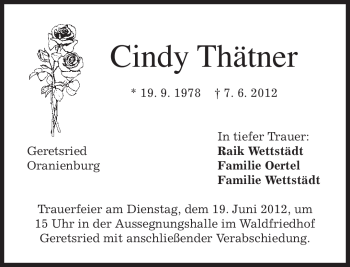 Todesanzeige von Cindy Thätner von MERKUR & TZ
