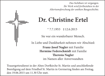 Todesanzeige von Christine Ertel von merkurtz