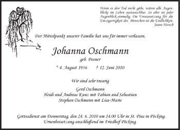 Todesanzeige von Johanna Oschmann von MERKUR & TZ