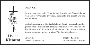 Todesanzeige von Oskar Klement von MERKUR & TZ