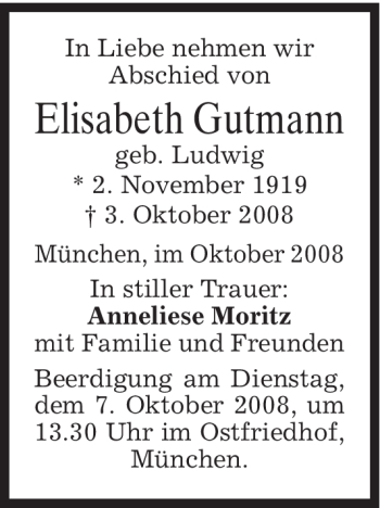 Todesanzeige von Elisabeth Gutmann von MERKUR & TZ