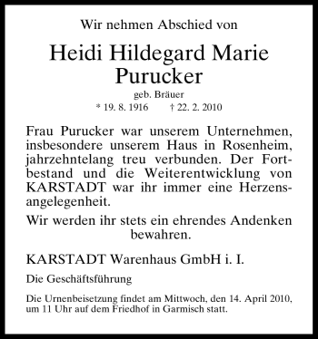 Todesanzeige von Heidi Hildegard Marie Purucker von MERKUR & TZ