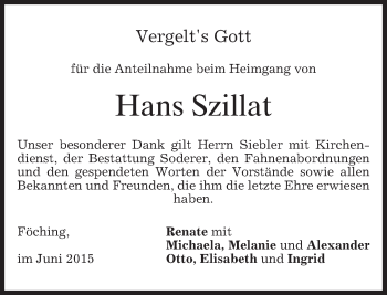 Todesanzeige von Hans Szillat von merkurtz
