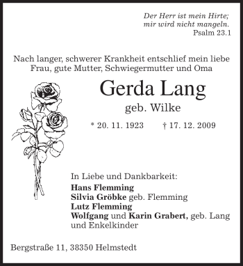 Todesanzeige von Gerda Lang von MERKUR & TZ