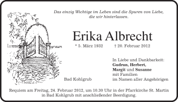 Todesanzeige von Erika Albrecht von MERKUR & TZ