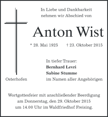 Todesanzeige von Anton Wist 