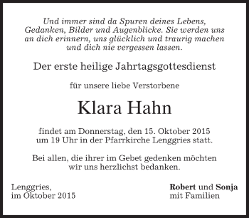 Todesanzeige von Klara Hahn 