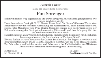 Todesanzeige von Fini Sprenger 