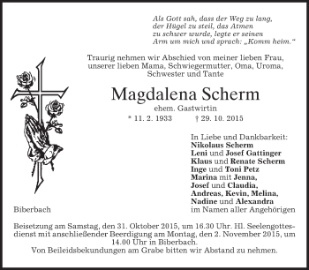 Todesanzeige von Magdalena Scherm 