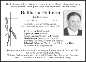 Todesanzeige von Balthasar Hutterer 