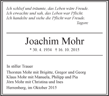 Todesanzeige von Joachim Mohr 