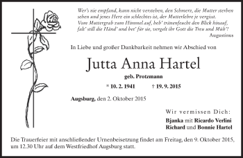 Todesanzeige von Jutta Anna Hartel 