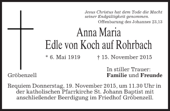 Todesanzeige von Anna Maria Edle von Koch auf Rohrbach 