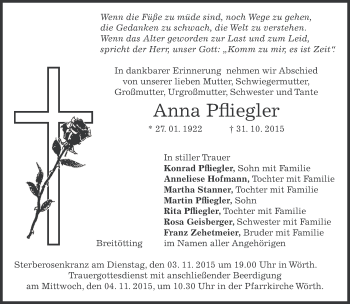 Todesanzeige von Anna Pfliegler 