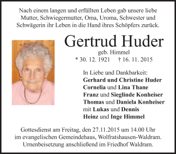 Todesanzeige von Gertrud Huder 