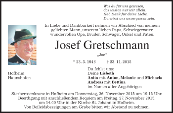 Todesanzeige von Josef Gretschmann 