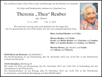 Todesanzeige von Theresia Reuber 