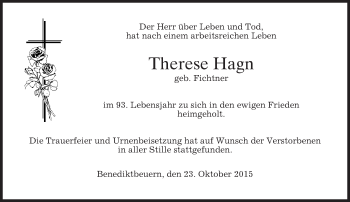Todesanzeige von Therese Hagn 