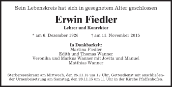 Todesanzeige von Erwin Fiedler 
