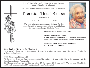 Todesanzeige von Theresia Reuber 