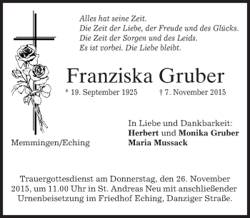 Todesanzeige von Franziska Gruber 