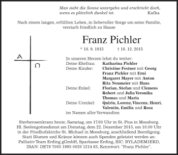 Todesanzeige von Franz Pichler 