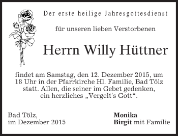 Todesanzeige von Willy Hüttner 