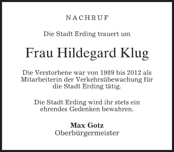 Todesanzeige von Hildegard Klug 