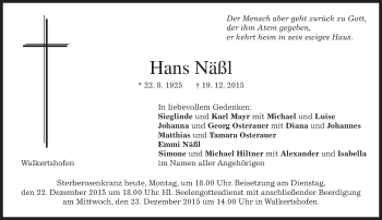 Todesanzeige von Hans Näßl 