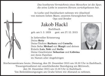 Todesanzeige von Jakob Hackl 