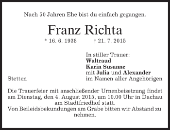 Todesanzeige von Franz Richta von merkurtz