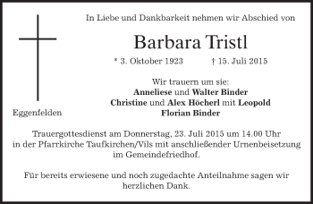 Todesanzeige von Barbara Tristl von merkurtz
