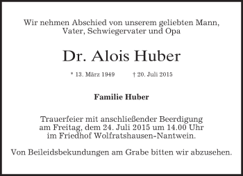 Todesanzeige von Alois Huber von merkurtz