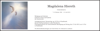 Todesanzeige von Magdalena Hiereth von merkurtz
