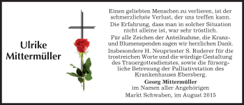Todesanzeige von Ulrike Mittermüller von merkurtz