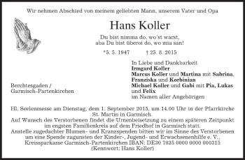 Todesanzeige von Hans Koller von merkurtz